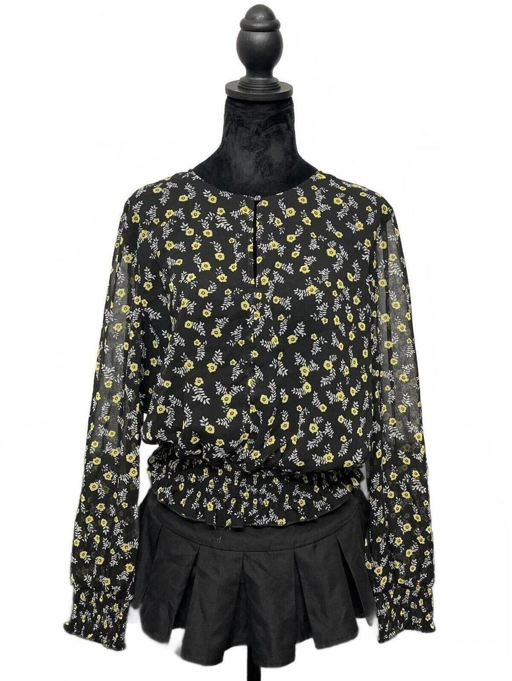 Bella Tilly x Bar III Black Yellow Floral Print Mesh Blouse Cinched Waist Sz XL